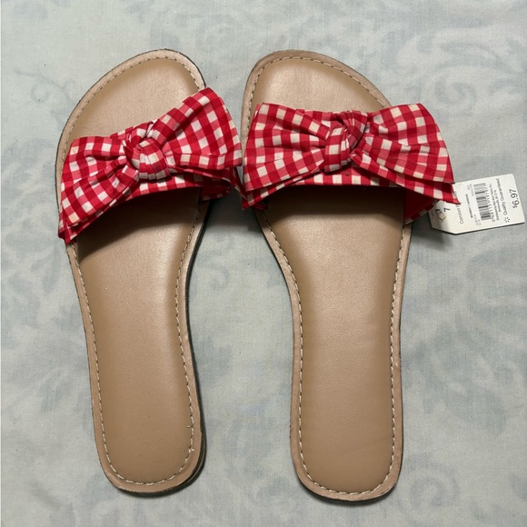Time and Tru Shoes - Red Gingham Bow Slide Sandals